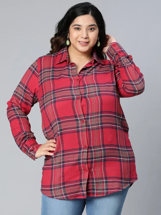 Velvet Red Brush Check Plus Size Women Cotton Shirt