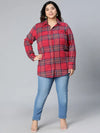 Velvet Red Brush Check Plus Size Women Cotton Shirt