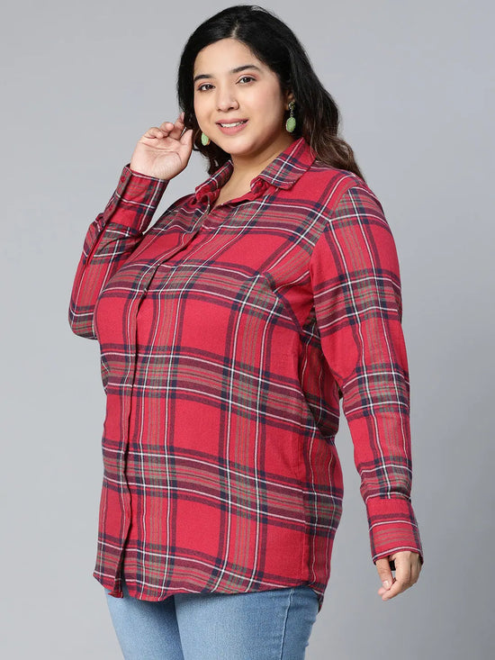 Velvet Red Brush Check Plus Size Women Cotton Shirt