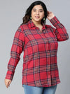 Velvet Red Brush Check Plus Size Women Cotton Shirt