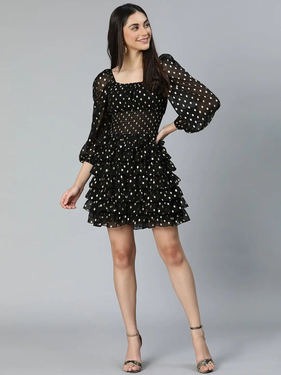 All-Rounder Black Smocked Foil Print Women Party Wear Dress