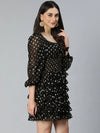 All-Rounder Black Smocked Foil Print Women Party Wear Dress