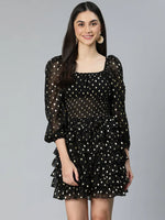 All-Rounder Black Smocked Foil Print Women Party Wear Dress