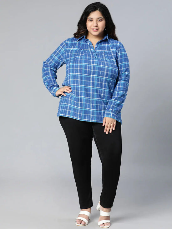 Tart Blue Brush Check Plus Size Women Cotton Tunic