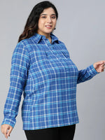 Tart Blue Brush Check Plus Size Women Cotton Tunic