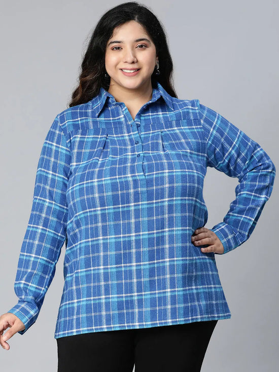 Tart Blue Brush Check Plus Size Women Cotton Tunic