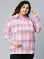 Rose Pink Brush Check Plus Size Women Cotton Shirt