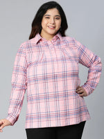 Rose Pink Brush Check Plus Size Women Cotton Shirt