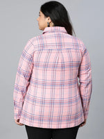 Rose Pink Brush Check Plus Size Women Cotton Shirt