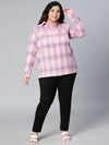 Rose Pink Brush Check Plus Size Women Cotton Shirt