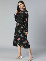 All-In Black Floral Print Overlapped Women Dress