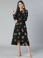 All-In Black Floral Print Overlapped Women Dress