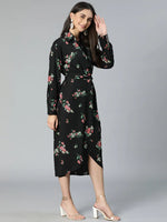 All-In Black Floral Print Overlapped Women Dress