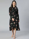 All-In Black Floral Print Overlapped Women Dress