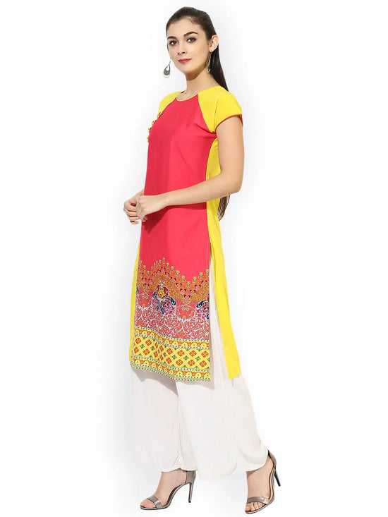 Ahika Women Pink Yellow Digital Print Straight Kurta