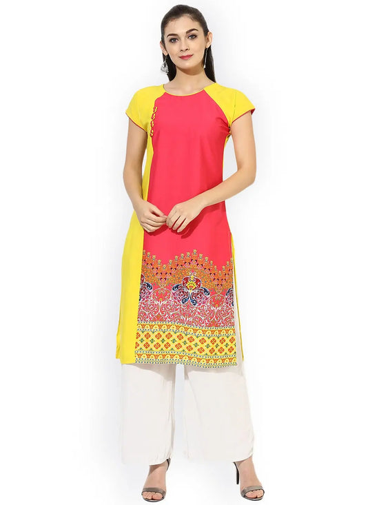 Ahika Women Pink Yellow Digital Print Straight Kurta