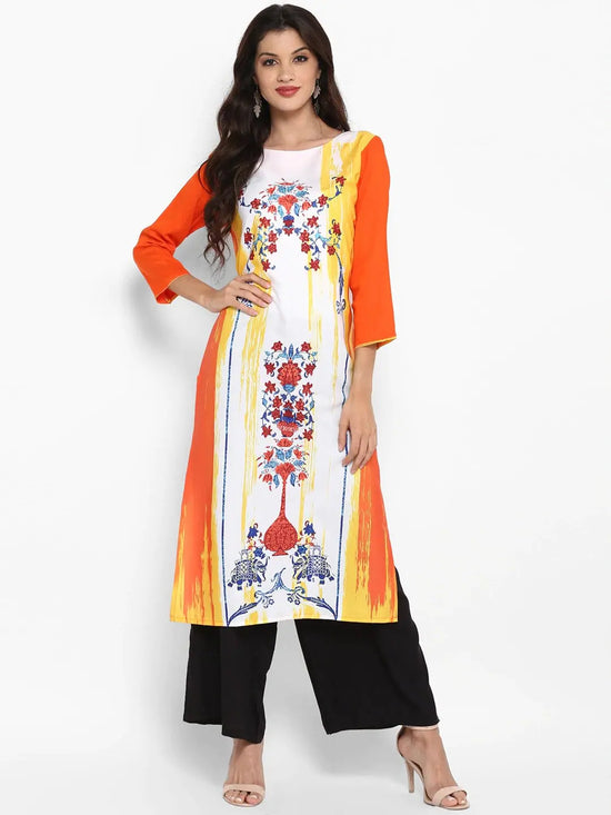 Ahika Women White Orange Printed Straight Kurta 1