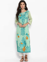 Ahika Women Blue Green Printed Straight Kurta