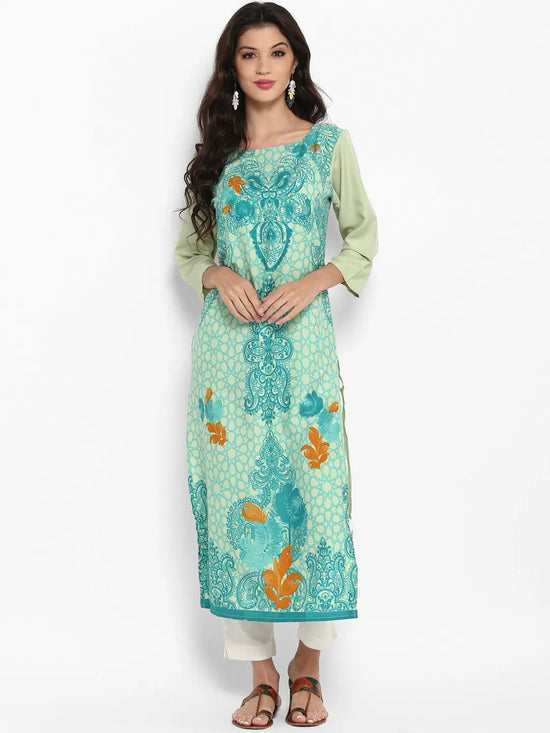 Ahika Women Blue Green Printed Straight Kurta