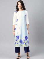 Ahika Women White Blue Floral Print Straight Kurta