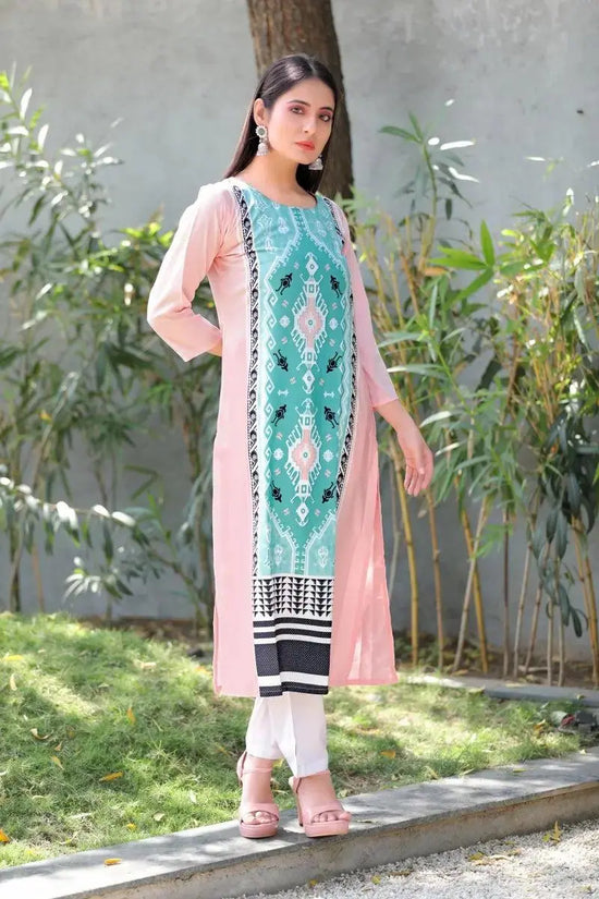 Ahika Women Peach Color Crepe Fabric Trendy Printed A Line Kurta