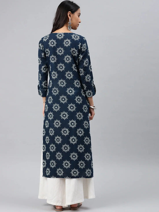 Ahika Women Printed Navy Blue Cotton Fabric Kurti