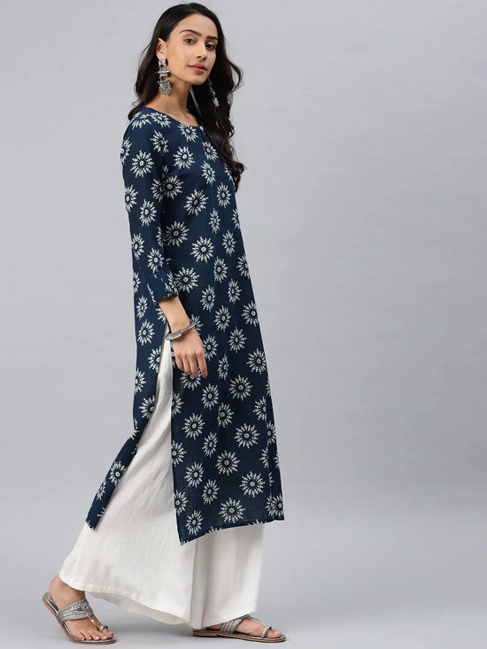 Ahika Women Printed Navy Blue Cotton Fabric Kurti