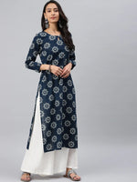 Ahika Women Printed Navy Blue Cotton Fabric Kurti