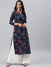 Ahika Women Navy Blue And Pink Floral Printed Blue Cotton Fabric Kurti