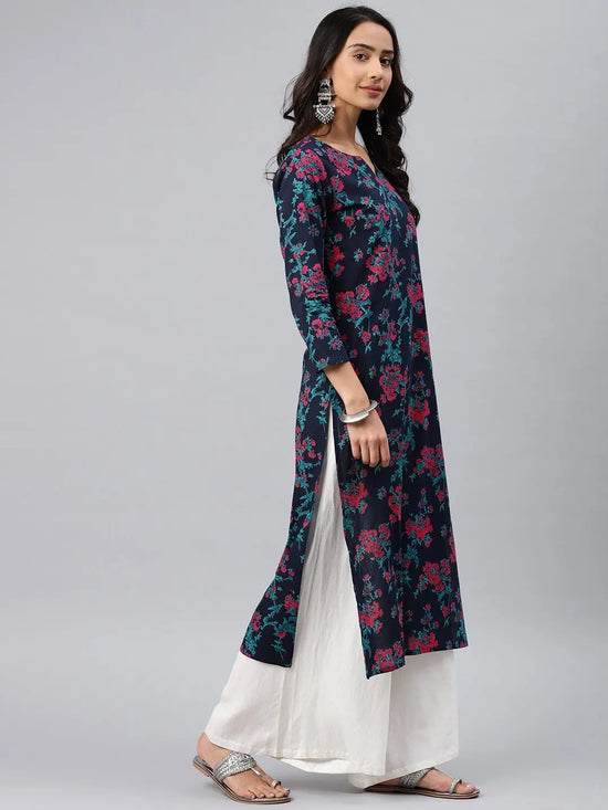 Ahika Women Navy Blue And Pink Floral Printed Blue Cotton Fabric Kurti