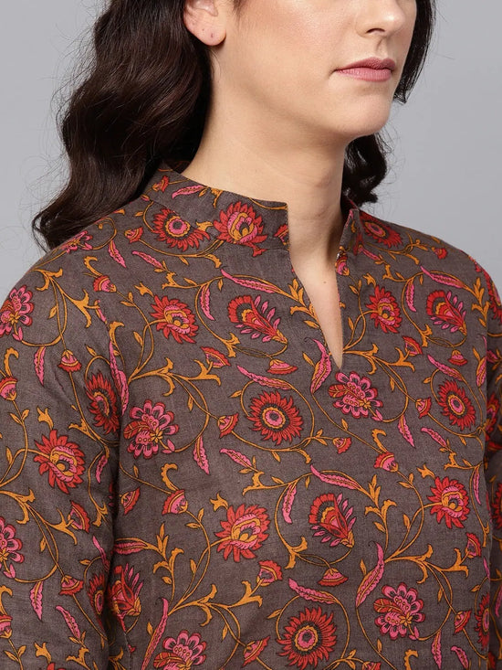 Ahika Women Attractive Brown Color Printed Cotton Fabric Kurti