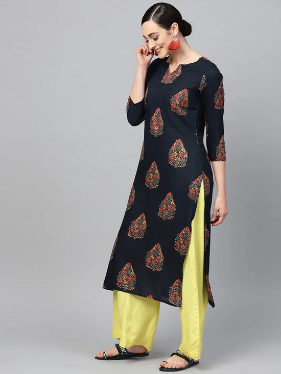 Ahika Women Attractive Navy Blue Color Printed Cotton Fabric Kurti