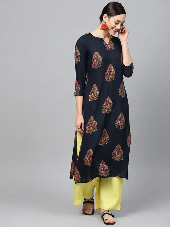 Ahika Women Attractive Navy Blue Color Printed Cotton Fabric Kurti