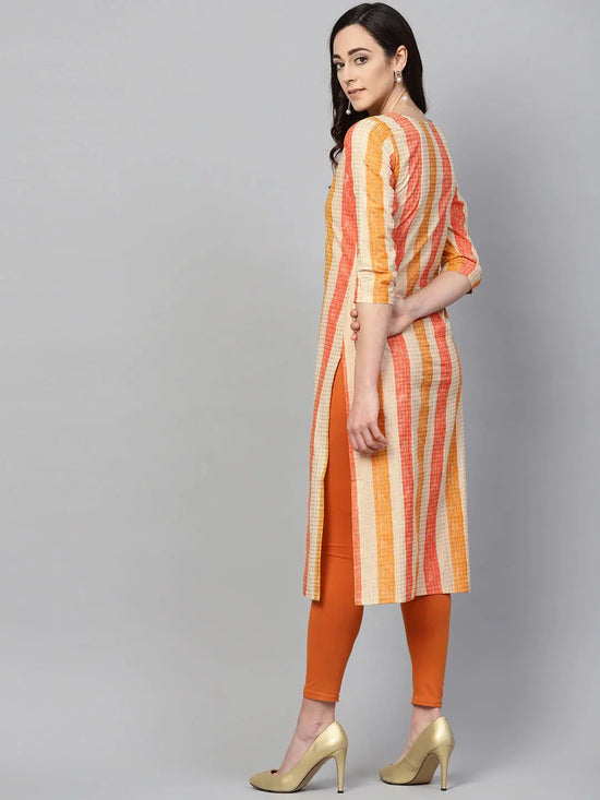 Ahika Women Cream Colored Orange Checked Straight Kurta