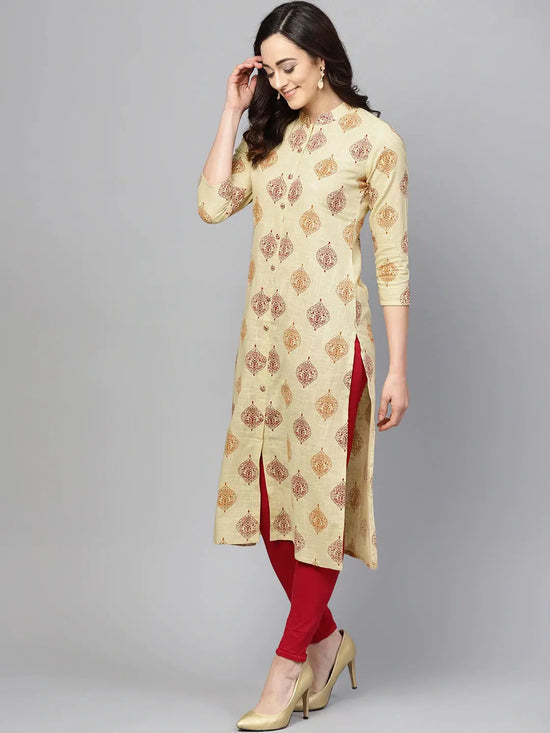 Ahika Women Festive Wear Cotton Fabric Cream Color Printed Trendy Kurti