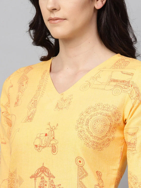 Ahika Women Cotton Fabric Yellow Color Printed Trendy Kurti