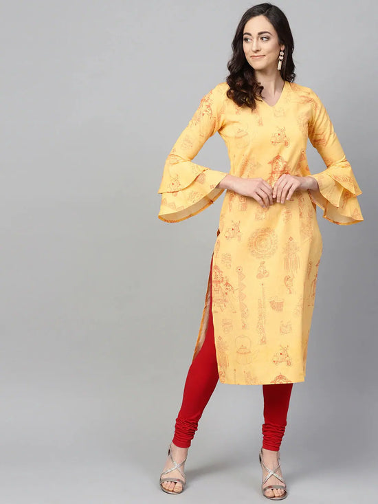 Ahika Women Cotton Fabric Yellow Color Printed Trendy Kurti