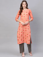 Ahika Women Coral Pink Beige Printed Straight Kurta