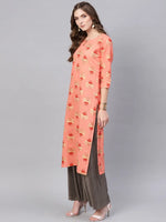 Ahika Women Coral Pink Beige Printed Straight Kurta