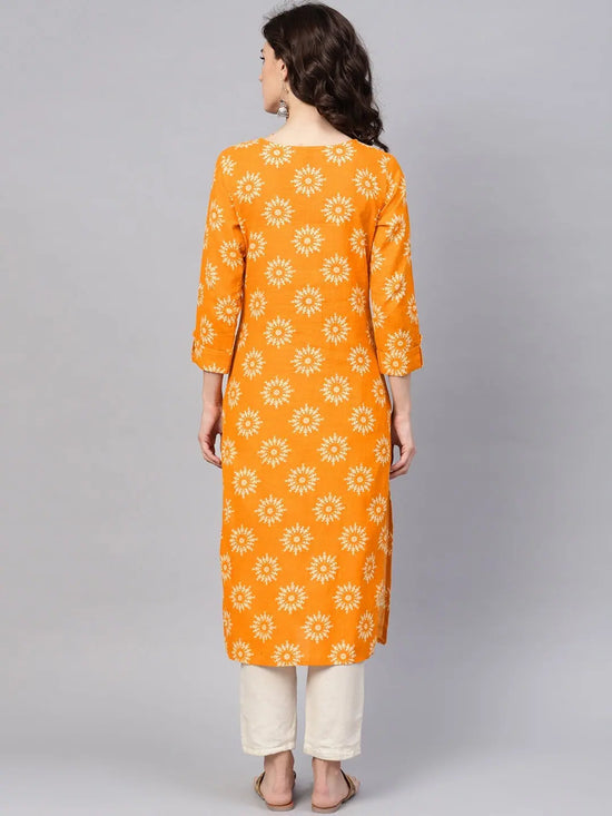 Ahika Women Casual Wear Cotton Fabric Orange Color Printed Trendy Kurti