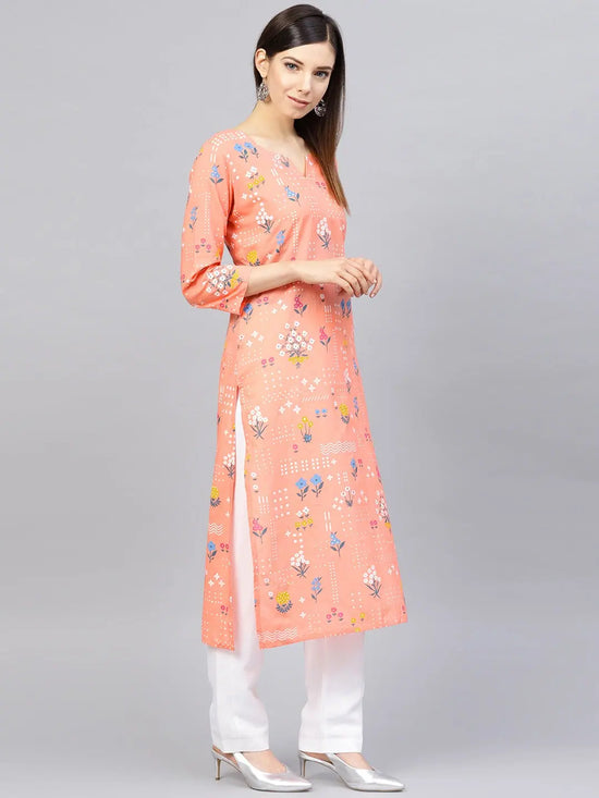 Ahika Women Festive Wear Cotton Fabric Peach Color Printed Trendy Kurti