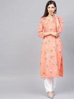 Ahika Women Festive Wear Cotton Fabric Peach Color Printed Trendy Kurti