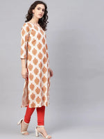 Ahika Women Beige Color Cotton Fabric Printed Fancy Kurti