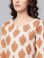 Ahika Women Beige Color Cotton Fabric Printed Fancy Kurti