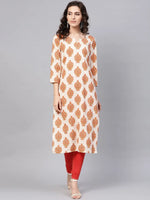 Ahika Women Beige Color Cotton Fabric Printed Fancy Kurti