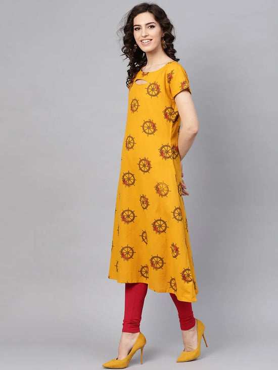 Ahika Women Mustard Color Cotton Fabric Printed Fancy Kurta