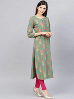 Ahika Women Casual Wear Cotton Fabric Sea Green Color Printed Trendy Kurti