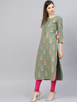 Ahika Women Casual Wear Cotton Fabric Sea Green Color Printed Trendy Kurti