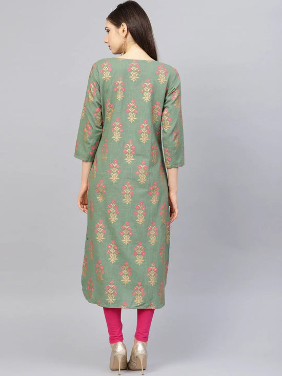 Ahika Women Casual Wear Cotton Fabric Sea Green Color Printed Trendy Kurti