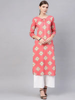 Ahika Women Regular Wear Cotton Fabric Printed Pink Color Simple Kurti